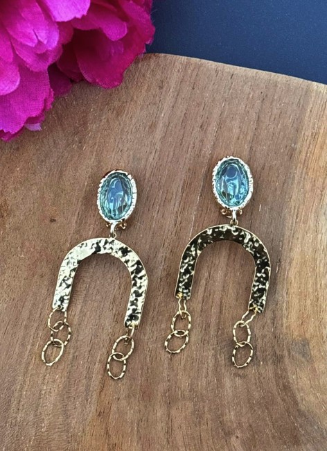 Boucles d'oreilles fantaisies à clip en acier inoxydable doré martelé au charme italien réhaussées par une pierre bleu azur inspirée de la lagune de VENISE