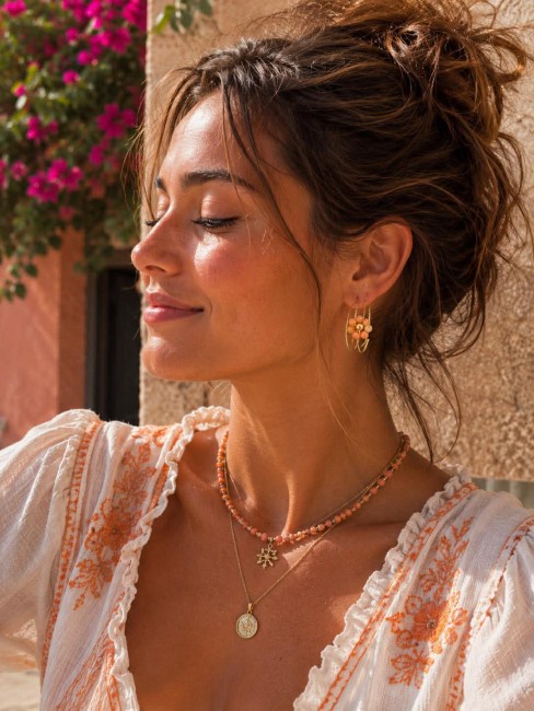 Boucles d'oreilles fantaisie composées d'une créole de 3 anneaux martelés en acier inoxydable doré et réhaussé par une jolie fleur en pierre naturelle de cornaline couleur corail pour un style bohème chic