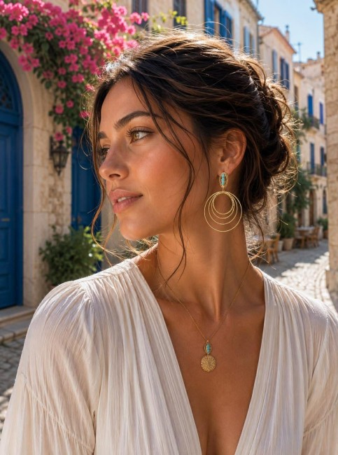 Boucles d'oreilles composées d'un jeu de 4 créoles martelées en acier inoxydable doré et d'un apprêt en forme de goutte incrusté de 3 pierres naturelles d'agate bleu, elles sont juste canon et sublime pour un look glamour chic