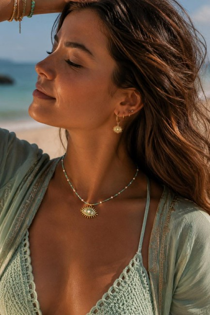 Collier fantaisie composé de perles de rocaille et d'acier inoxydable doré en forme de cube et réhaussé par un pendentif en forme d'oeil composé de strass et de perles d'eau douce. un Rendu chic solaire et bohème  pour ce collier porte bonheur