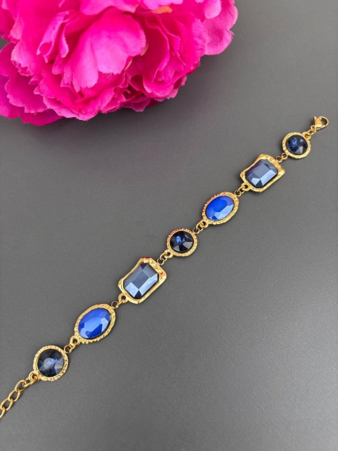 RANIA - Bracelet strass bleu et acier inoxydable doré