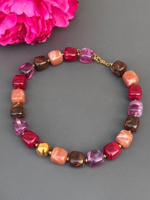 BYZANCE - Collier perle de verre violet et perle en acier inoxydable doré