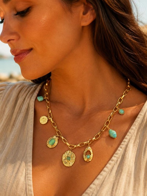 Collier fantaisie composé d'une chaîne grosse maille en acier inoxydable doré et réhaussé de charms de pierres naturelles et de zirconium avec des plaques martelées brossées qui donnent le coté antique et chic au bijou 