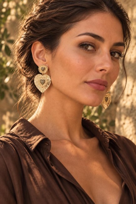 CARMELA - Boucle d'oreille coeur kaki en acier inoxydable doré