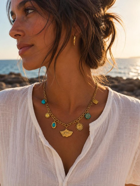 Collier fantaisie en acier inoxydable doré composé de charms bleu turquoise pour un look bohème chic
