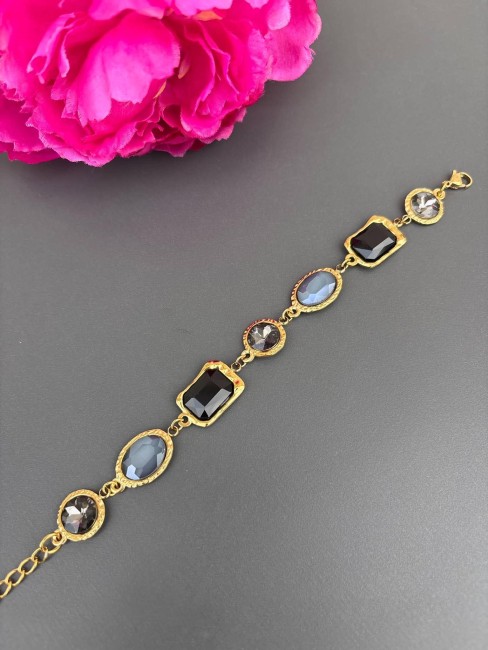 RANIA - Bracelet strass noir et acier inoxydable doré