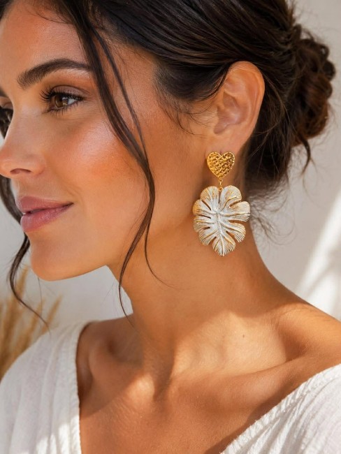 ISOLA - Boucles d'oreilles en acier inoxydable martelé bleu doré Boucles d'oreilles ultra bohème chic composé d'un apprêt martelé en acier inoxydable en forme de coeur et réhaussé par une magnifique feuille de monstera aux reflets bleutés brossés patinés dorés