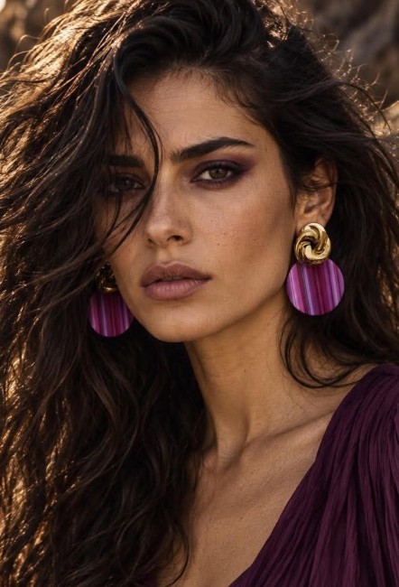 Boucles d'oreille fantaisie composé d'un pendentif en résine rond de couleur violet rose et réhaussé d'un apprêt en forme de noeud en acier inoxydable doré pour un style rétro chic