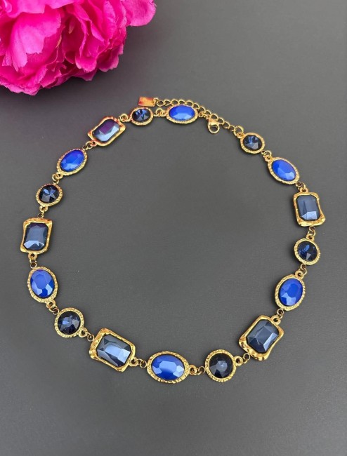 RANIA - Collier strass bleu et acier inoxydable doré