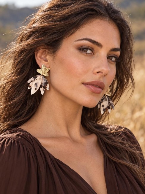 Boucles d'oreilles composé d'une fleur de magnolia  en résine de couleur léopard  réhaussée d'un apprêt en acier inoxydable en forme de fleur de lotus, un bijou captivant bohème chic et félin