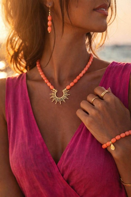 Ensemble composé d'un collier, de boucles d'oreilles et d'un bracelet de perles naturelles de couleurs corail pour un style hypnotisant coloré et bohème chic; à noter que le collier est réhaussé d'un pendentif en acier inoxydable en forme de soleil