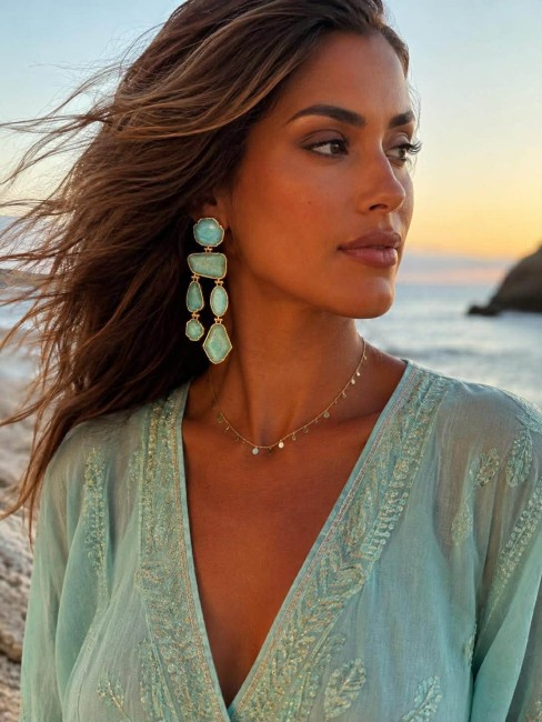 Les boucles  d'oreilles SERAPHIA sont des boucles d'oreilles fantaisie mais hyper chic composées de différents intercalaires en perles naturelles d'amazonite vert en acier inoxydable doré et laiton, pour un style bohème et raffiné