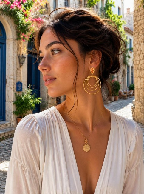 Boucles d'oreilles composées d'un jeu de 4 créoles martelées en acier inoxydable doré et d'un apprêt en forme de goutte incrusté de 3 pierres naturelles en cornaline orange, elles sont juste canon et sublime pour un look glamour chic