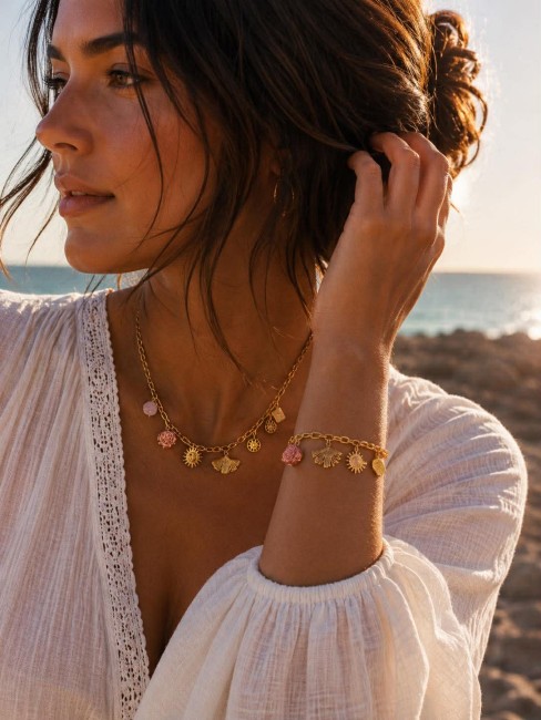 Mix parfait du bracelet et du collier ELBA pour un rendu bohème chic aux reflets rose