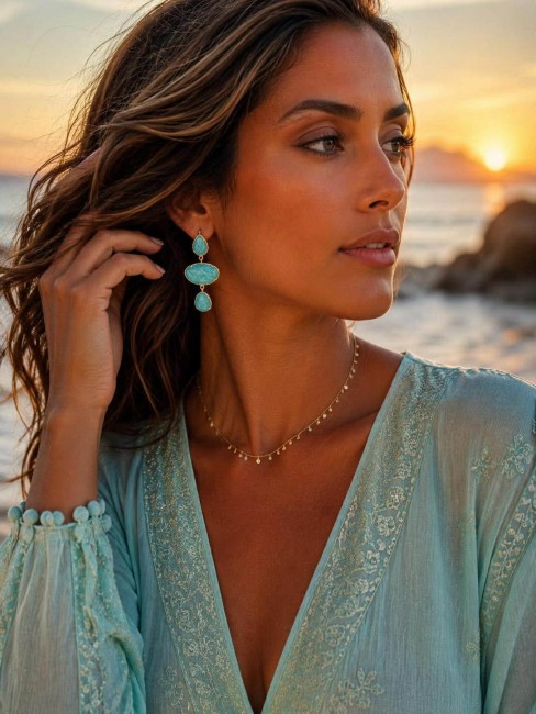 VALENTIA - Boucles d'oreilles en perles naturelles amazonite bleu Boucles d'oreilles fantaisie mais hyper chic composées de différents intercalaires en perles naturelles d'amazonite bleu en acier inoxydable doré et laiton, pour un style bohème et raffiné
