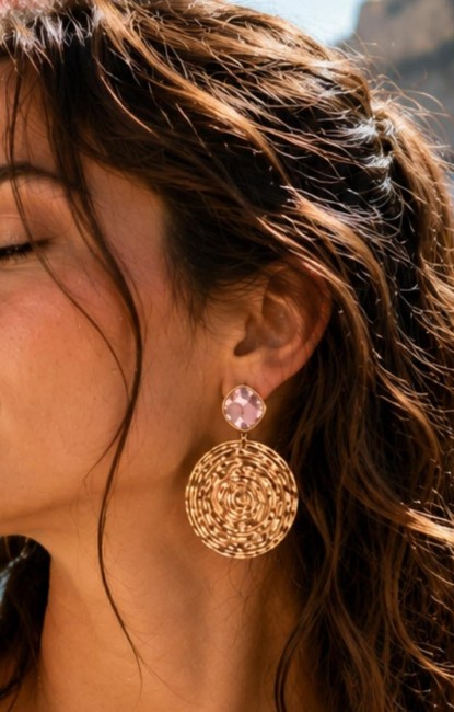 Boucles d'oreilles créoles composé d'un disque en acier inoxydable de haute qualité et orné d'un apprêt avec son strass pour un rendu solaire bohème chic