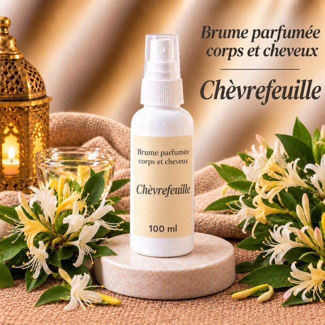 Brume Parfumée Chèvrefeuille Naturelle Corps & Cheveux – Floral – 100 ml – Artisanale – Spray & Diffuseur – Homme & Femme – Bien-être & Relaxation – Cadeau Anniversaire, Mariage, Fête des Mères, Noël