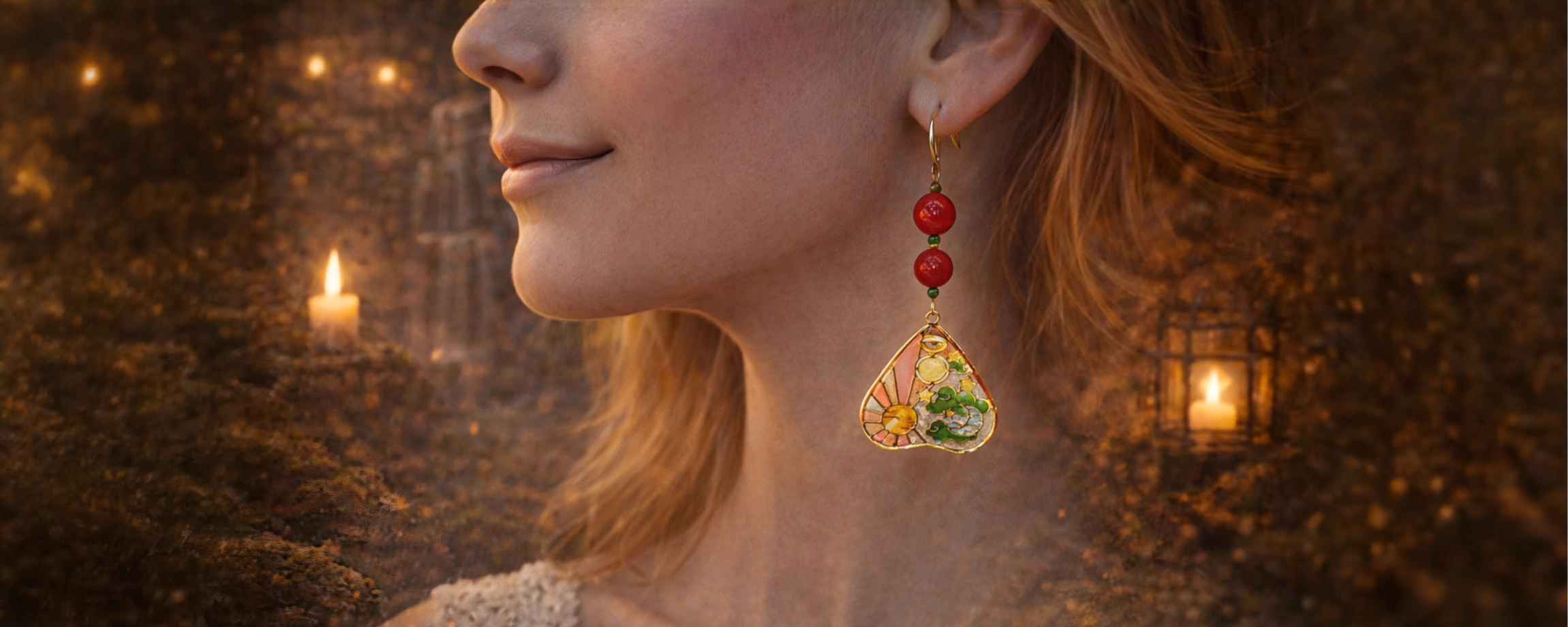 Boucles d’oreilles ésotériques artisanales portées par une femme, ambiance mystique