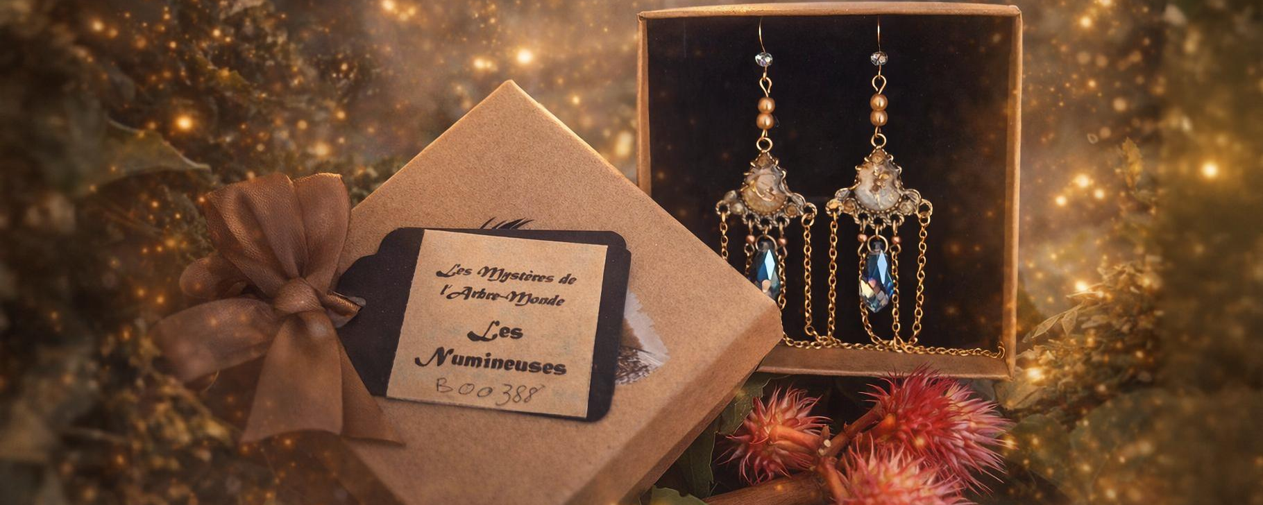 Bijoux féeriques artisanaux présentés dans un écrin, univers mystique et lumineux