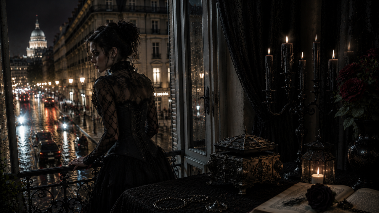 Femme gothique en robe noire dans un intérieur romantique avec vue sur Paris la nuit