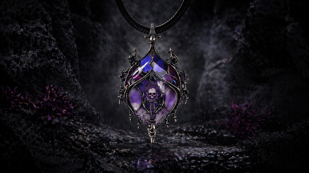 univers gothique et punk rock avec bijou violet style dark fantasy dans une ambiance sombre et mystique