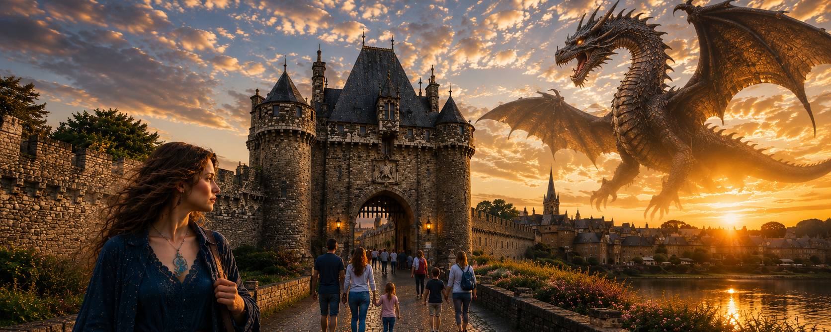 Femme portant un collier artisanal inspiré de la fantasy devant la Porte Saint-Michel de Guérande, sous le vol d’un dragon légendaire