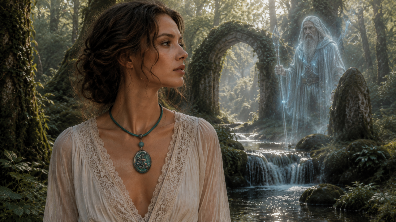 Collier artisanal porté dans la forêt de Brocéliande avec apparition fantomatique de Merlin