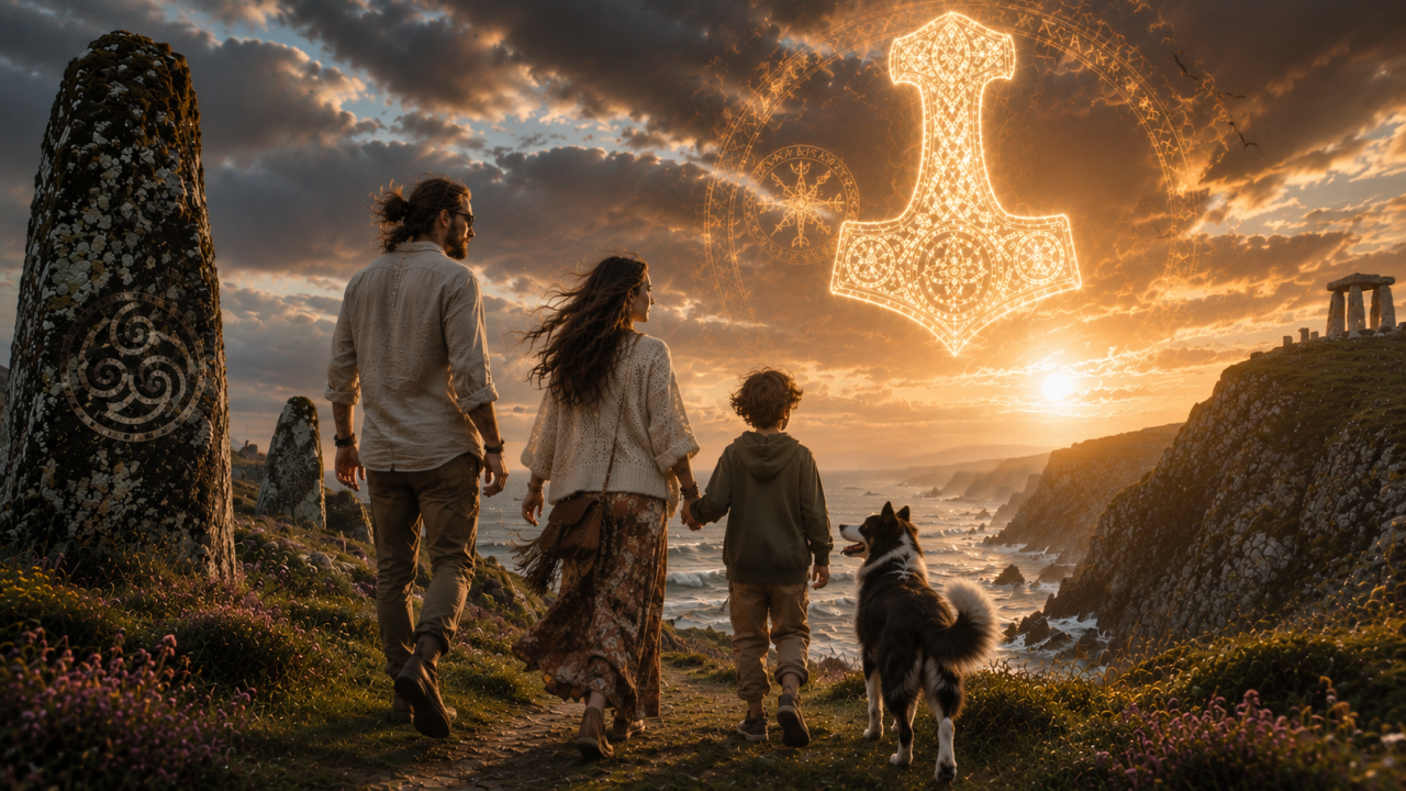Famille contemporaine au style bohème marchant sur un sentier côtier avec son chien, sous un Mjöllnir lumineux entouré de runes, dans un paysage inspiré des légendes vikings et celtiques.
