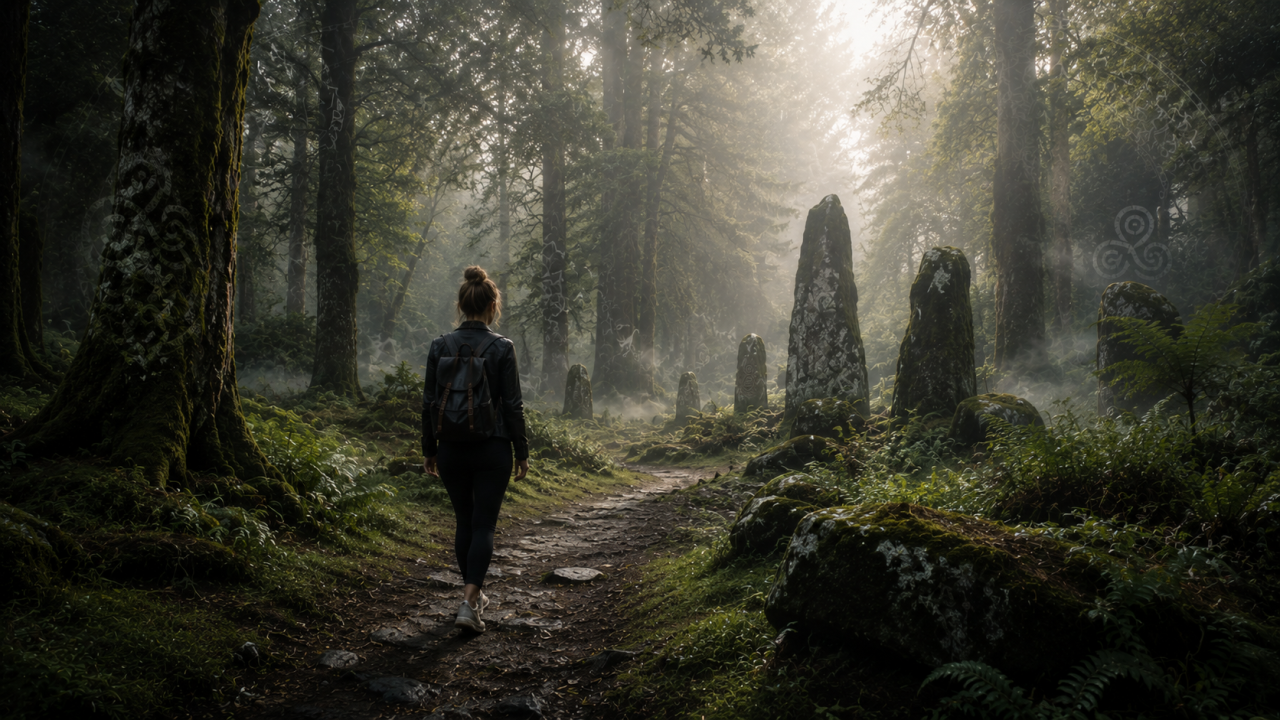 Femme contemporaine marchant dans une forêt celtique brumeuse parmi des pierres anciennes et des symboles mystiques.