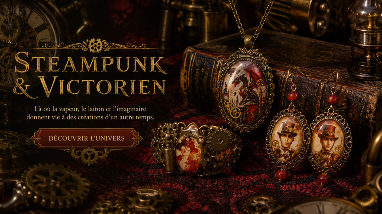 univers steampunk victorien avec bijoux artisanaux et engrenages dans une ambiance rétro mécanique élégante