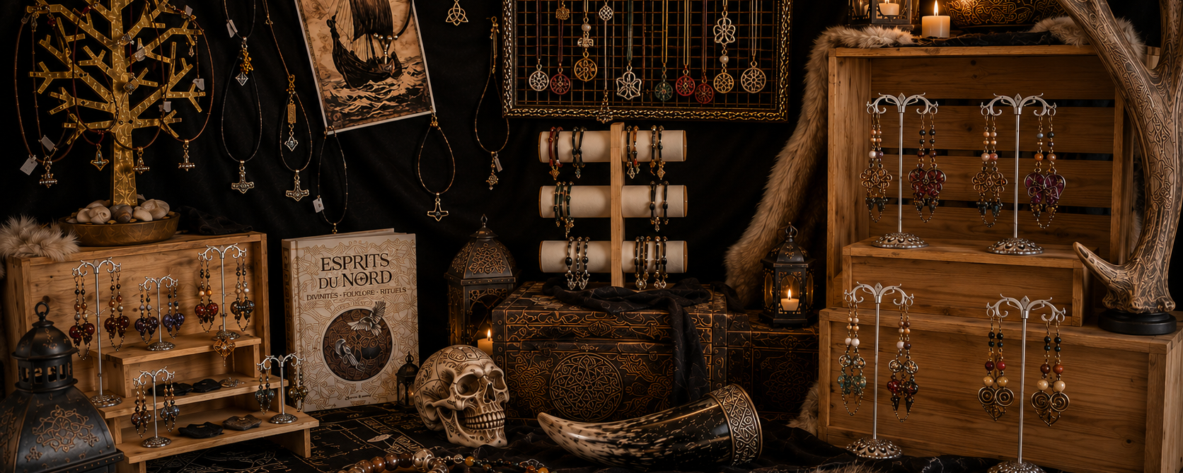 Balise ALT : Showroom immersif des Fantaisies d’A présentant des bijoux artisanaux d’inspiration Viking et Celtique dans un décor nordique.