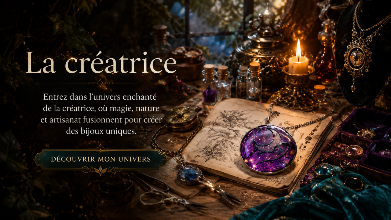 Image illustrant une créatrice de bijoux fantaisie dans un univers féerique et naturel, mettant en avant un travail artisanal minutieux et des créations uniques inspirées par la magie et la nature.