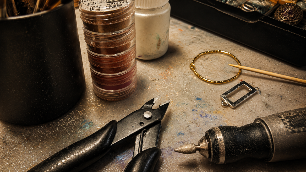 Outils et matériel de création artisanale de bijoux dans l’atelier des Fantaisies d’A.