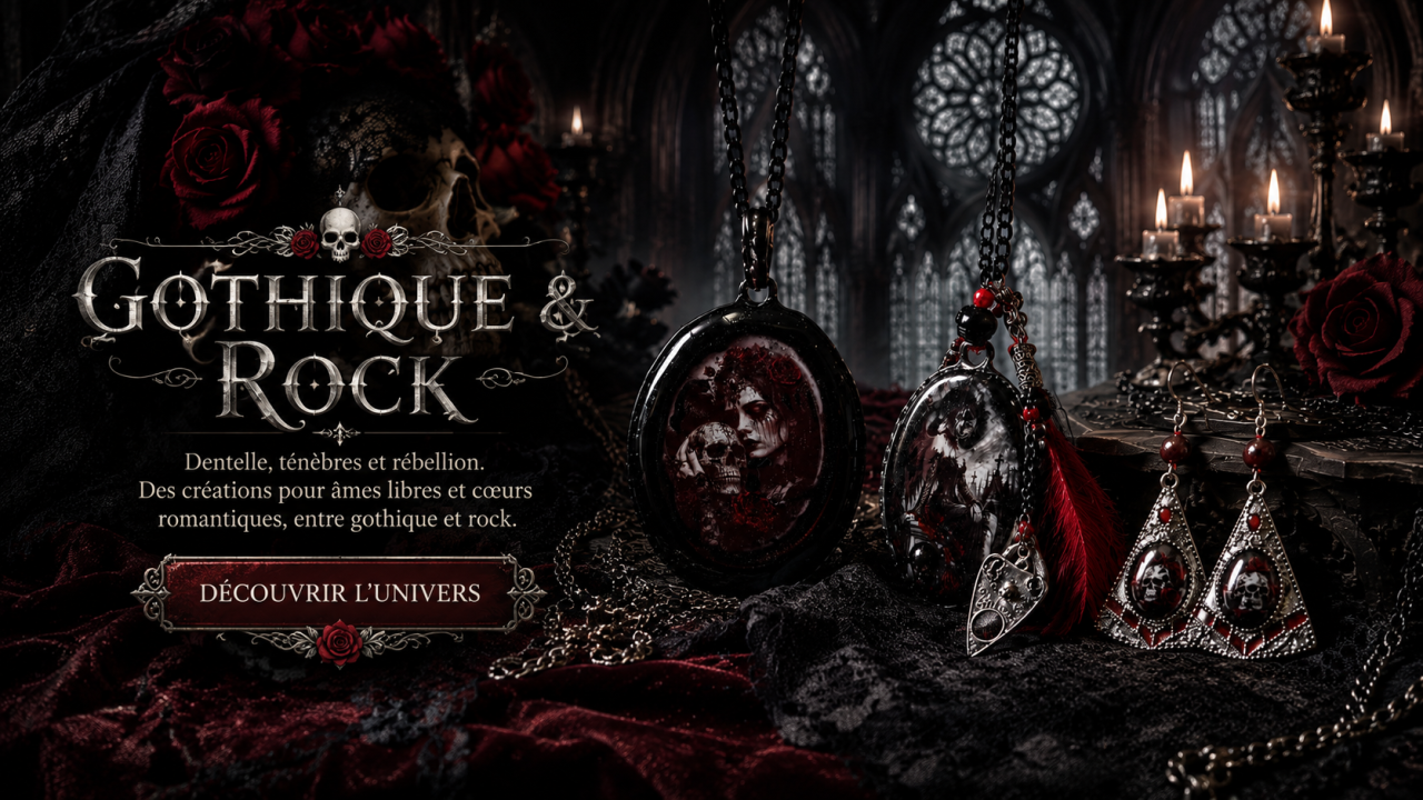 univers gothique et punk rock avec bijou violet style dark fantasy dans une ambiance sombre et mystique