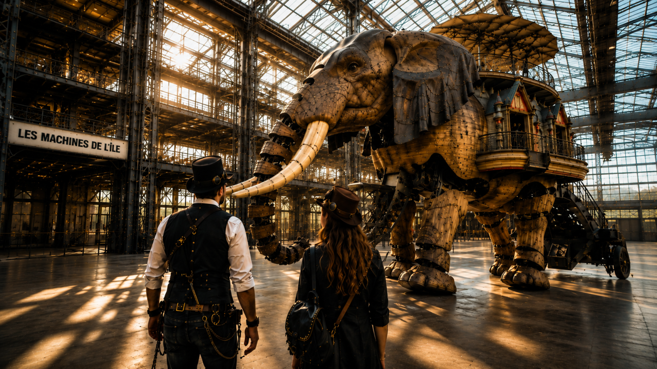 Grand Éléphant des Machines de l’Île à Nantes observé par deux visiteurs dans un univers steampunk contemporain