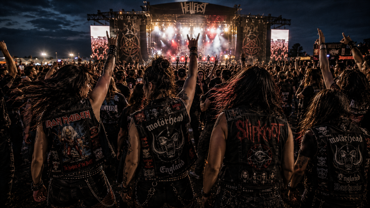 Métalleuses et métalleux en vestes à patchs devant une grande scène de festival metal