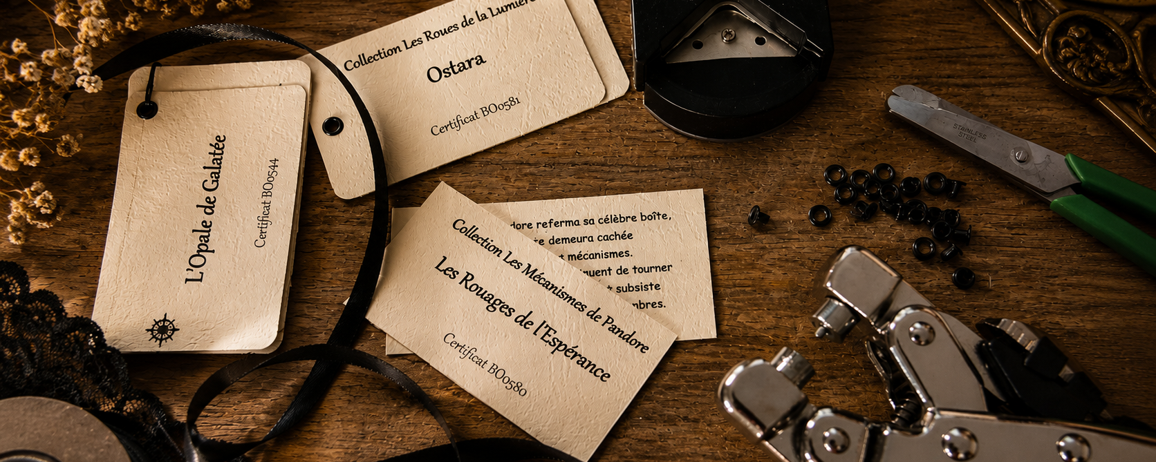 Préparation artisanale des cartes d’identification numérotées des bijoux Les Fantaisies d’A