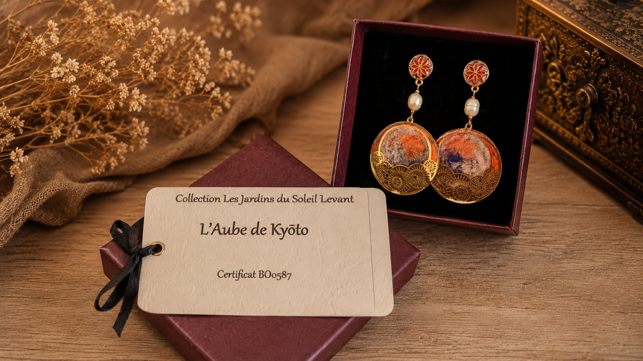 Boucles d’oreilles L’Aube de Kyōto avec leur carte d’identification numérotée et leur écrin