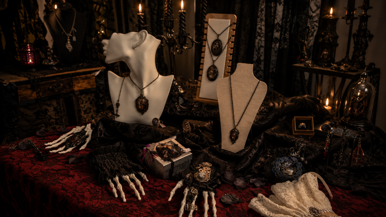 Showroom gothique romantique des Fantaisies d’A avec bijoux artisanaux, dentelles noires et bougies