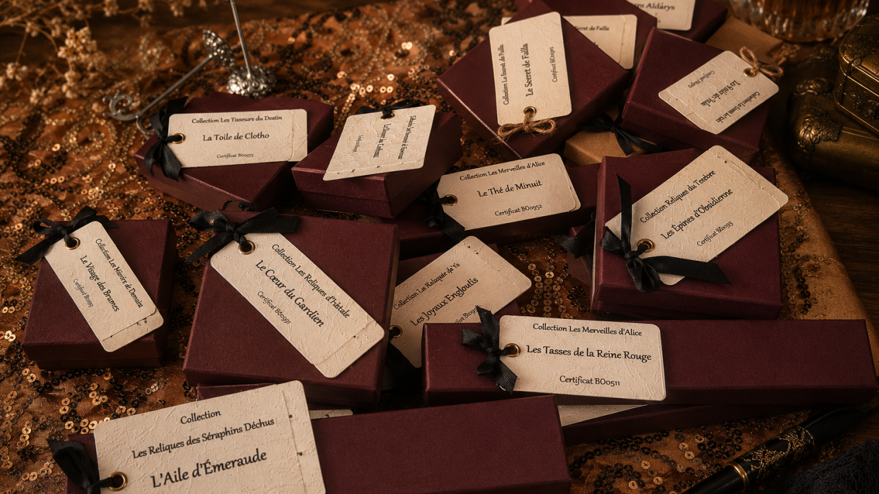 Écrins et cartes d’identification numérotées des bijoux artisanaux Les Fantaisies d’A