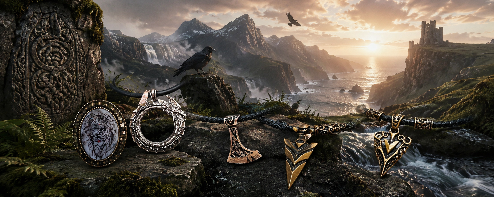 Paysage nordique d'inspiration celtique et viking avec falaises, torrent, montagnes et bijoux artisanaux Les Fantaisies d'A : bague Odin, pendentifs hache viking, Ouroboros et pointe de lance.