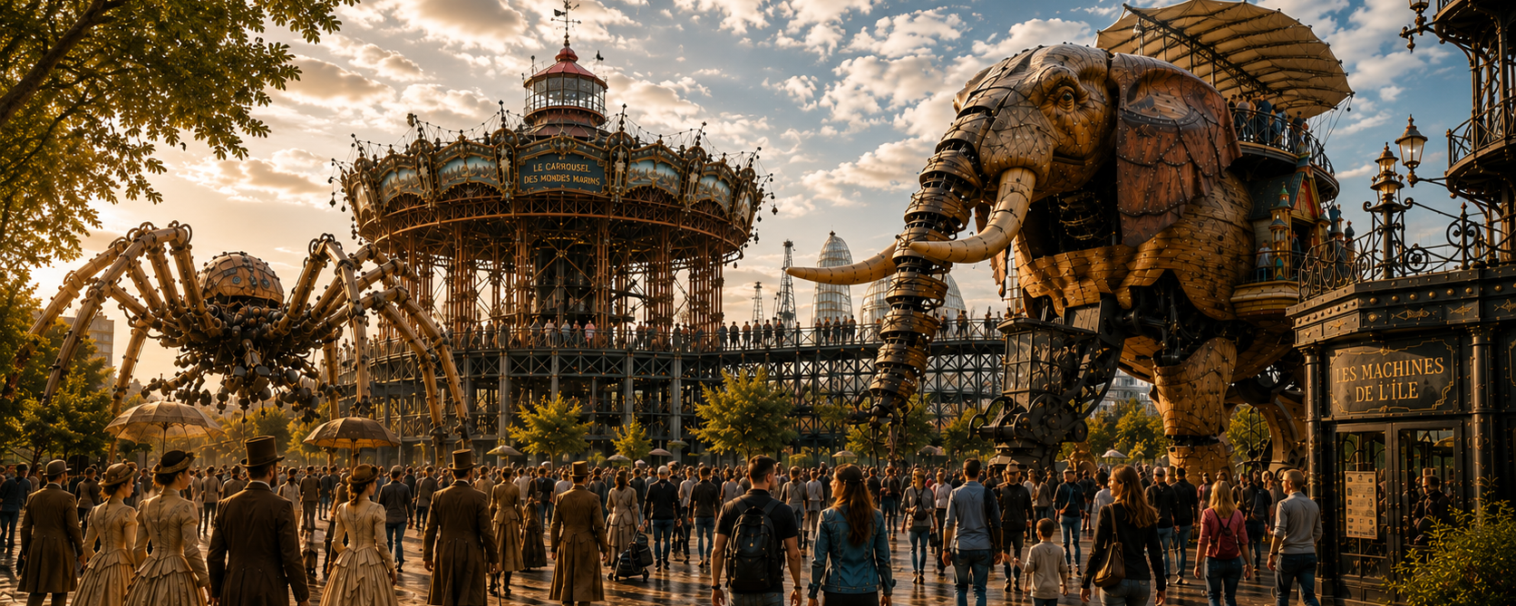 Promeneurs victoriens et contemporains parmi le Grand Éléphant, le Carrousel et les machines de l’Île de Nantes