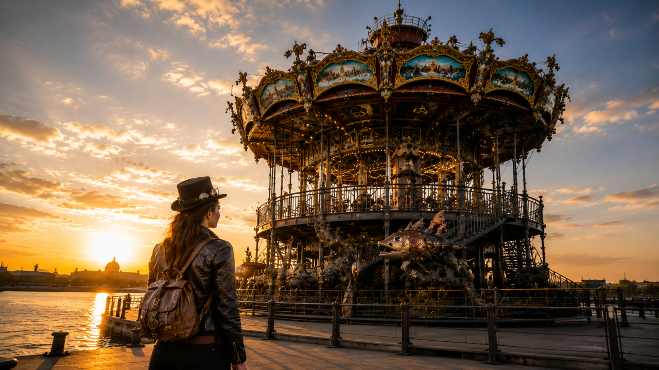 Carrousel des Mondes Marins sur l’Île de Nantes au coucher du soleil dans un univers steampunk contemporain