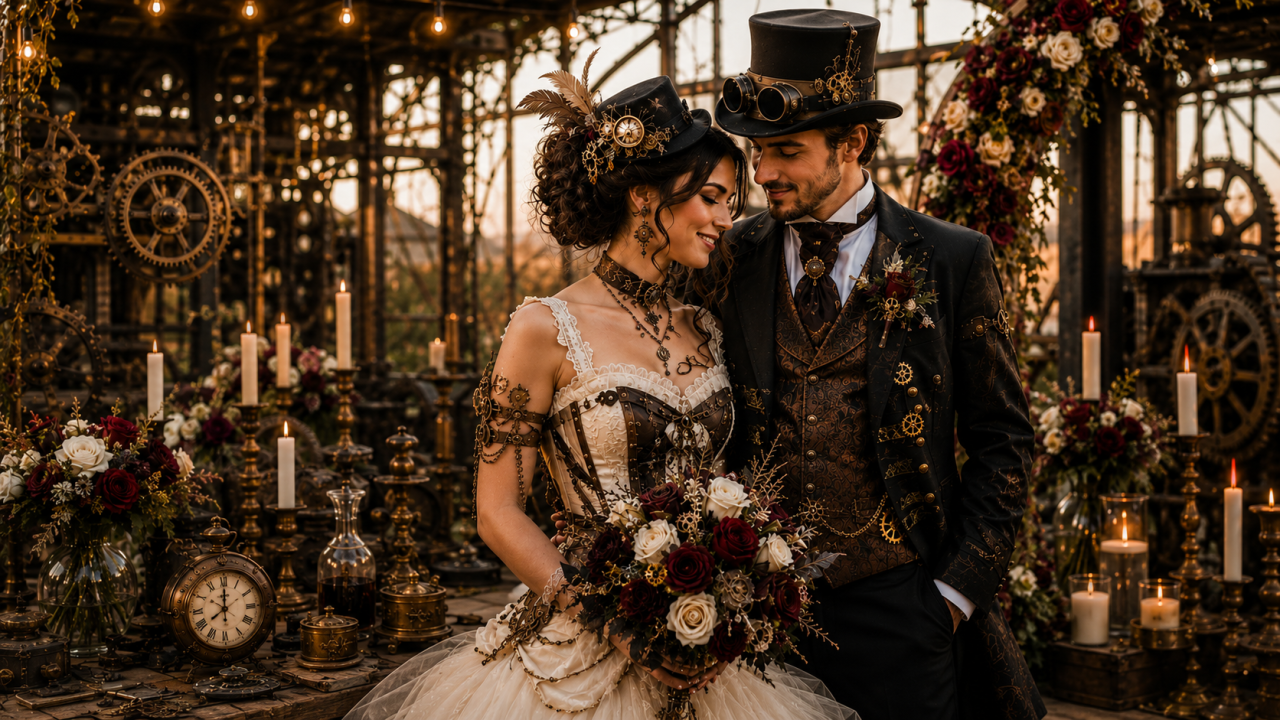 Mariés dans un univers steampunk contemporain avec bijoux et accessoires artisanaux