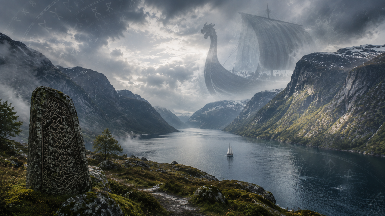 Fjord nordique avec voilier contemporain, drakkar fantôme et runes mystérieuses, univers Viking et Celtique des Fantaisies d’A.