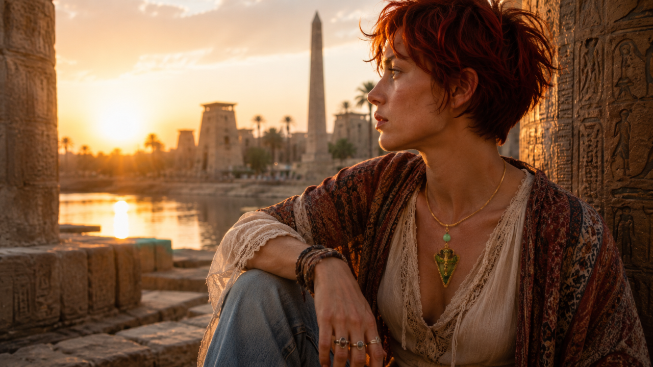Collier artisanal inspiré de l’Égypte ancienne porté par une femme contemporaine avec apparition d’Isis