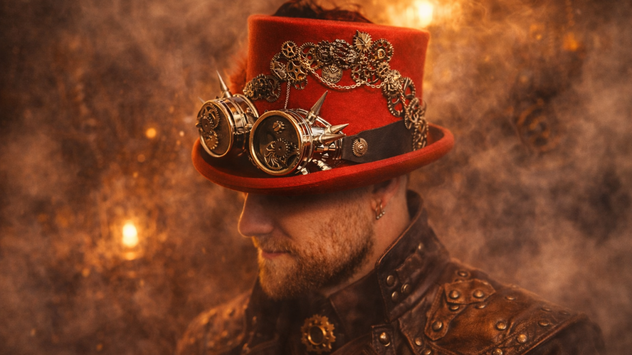 univers steampunk victorien avec bijoux artisanaux et engrenages dans une ambiance rétro mécanique élégante