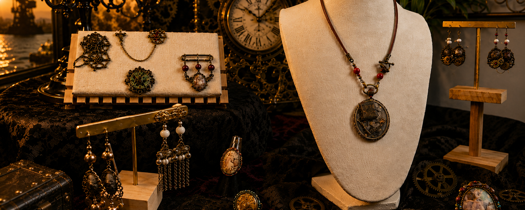 Bijoux steampunk artisanaux exposés parmi rouages, dentelle et objets d’inspiration victorienne
