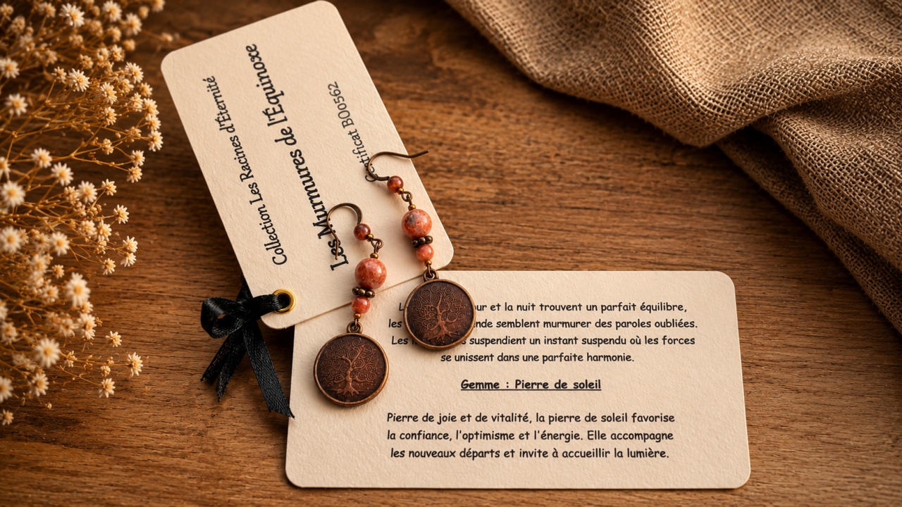 Boucles d’oreilles artisanales en pierre de soleil avec carte présentant la gemme et sa symbolique