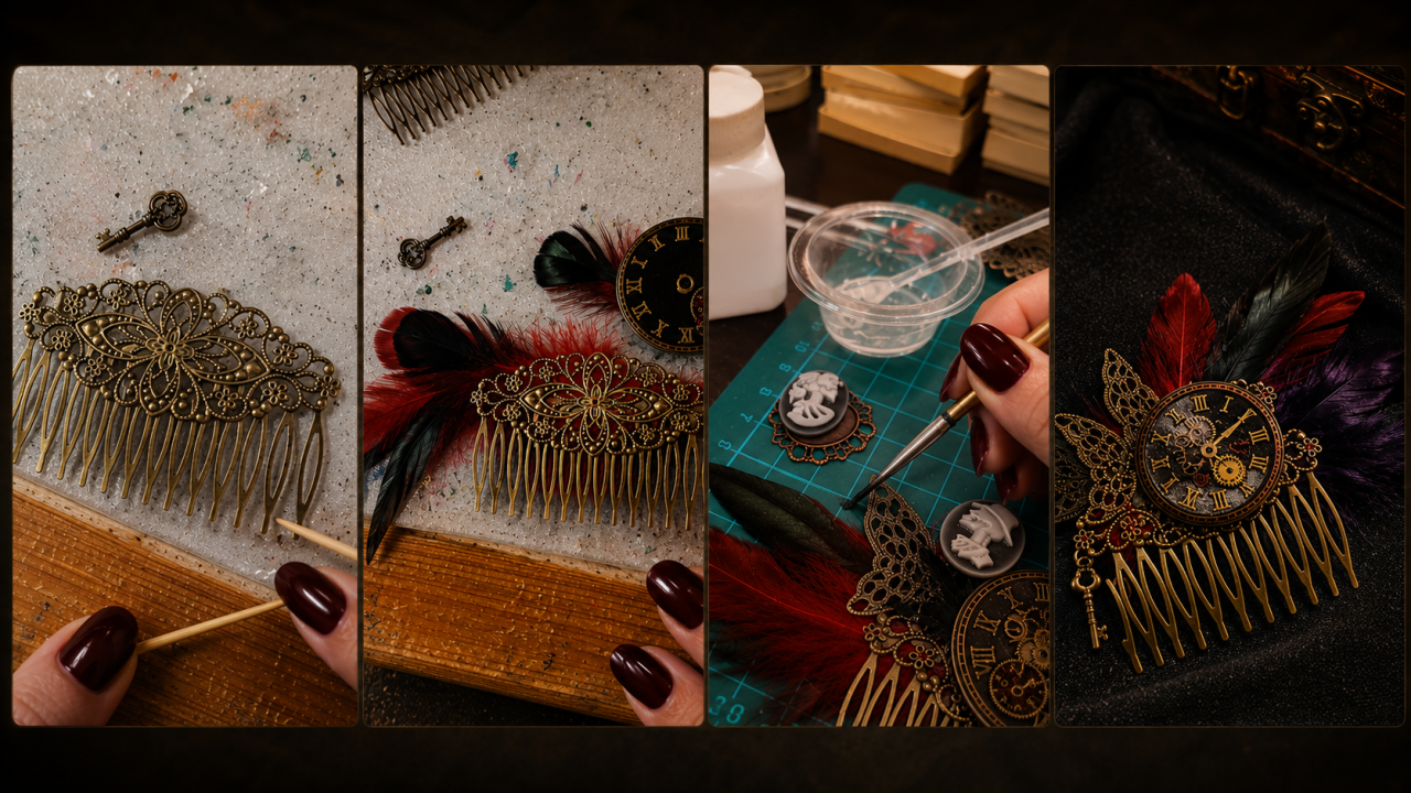 Étapes de création artisanale d’un bijou de cheveux steampunk avec résine époxy et plumes naturelles – Les Fantaisies d’A